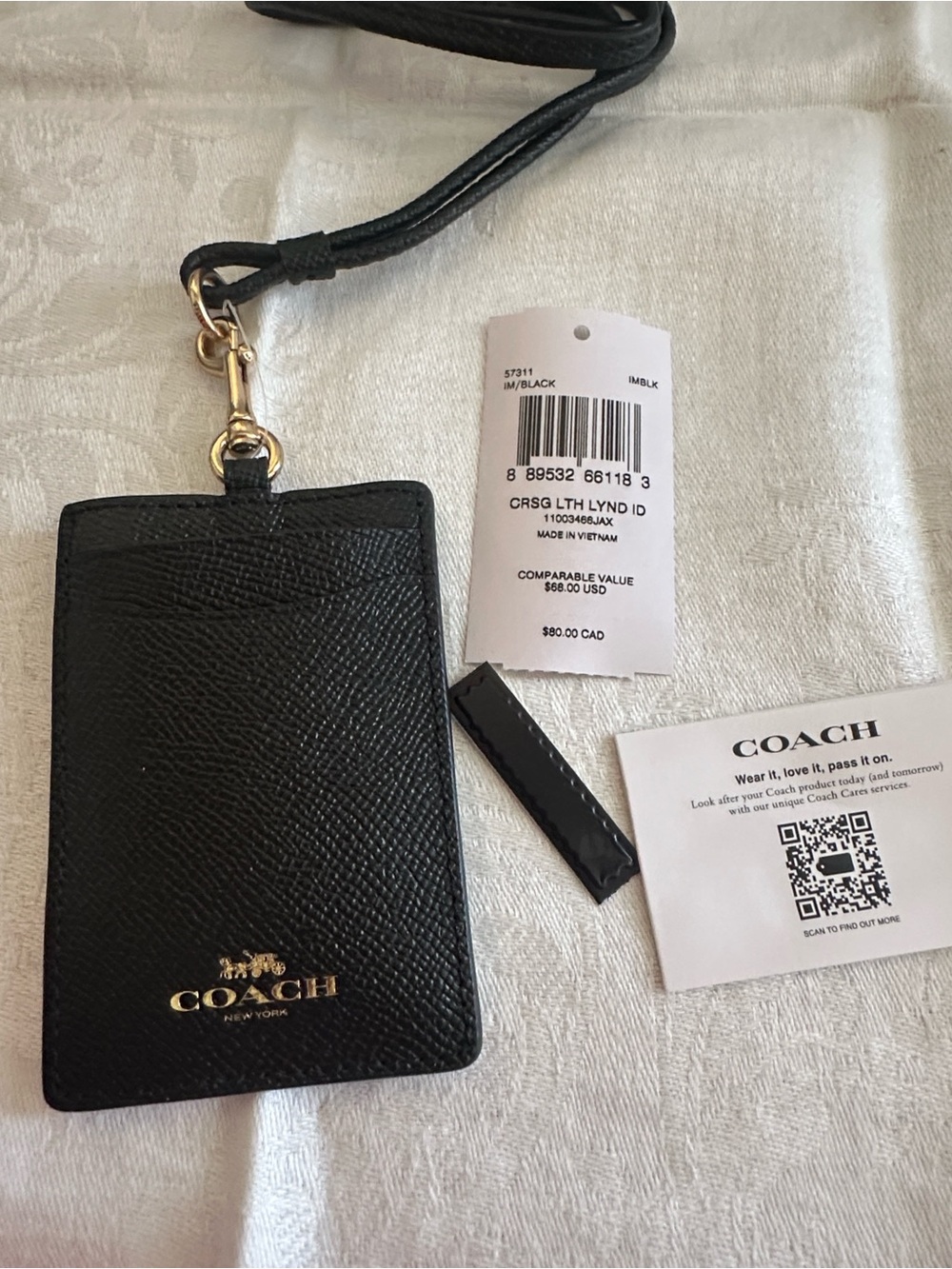 Coach Black Leather ID Lanyard with Gold Foil Logo